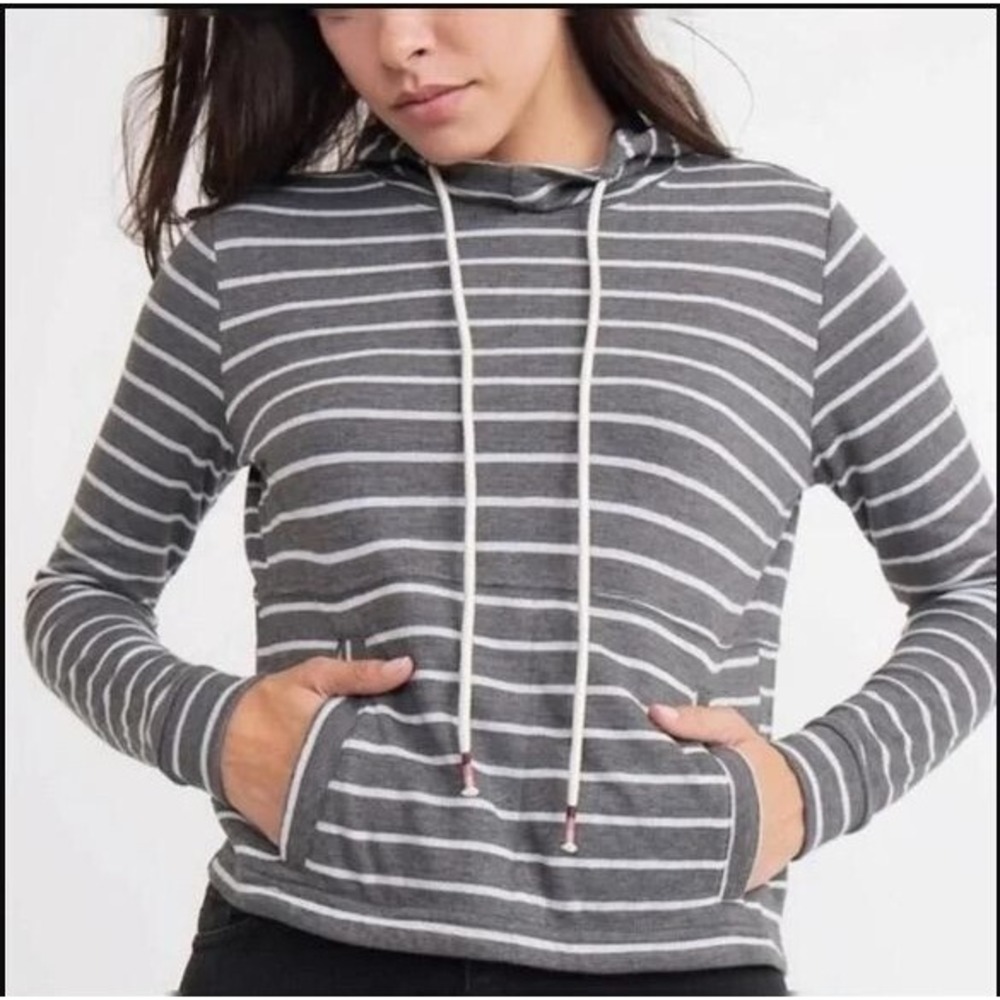 Marine Layer Double Knit Charcoal Stripe‎ Long Sleeve Hoodie M
